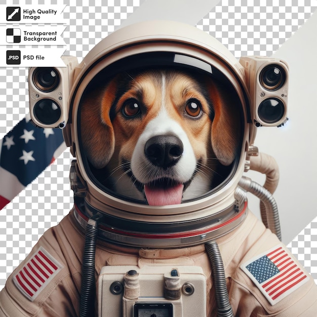 Psd un lindo perro en un disfraz de astronauta en un fondo transparente con una capa de máscara editable