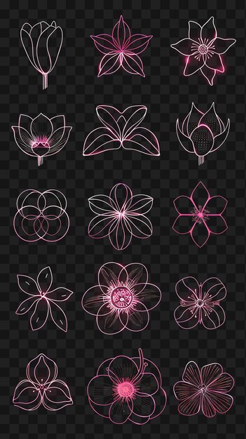 PSD psd de líneas de iconos de flores con suave luminescencia en el contorno de outli y2k camiseta transparente web