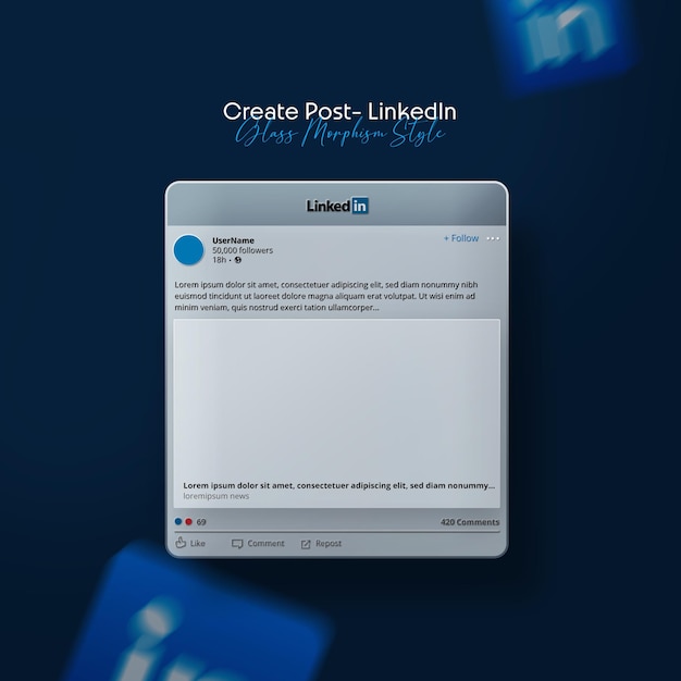 PSD psd linkedin post interface mockup morphisme de verre 3d isolé