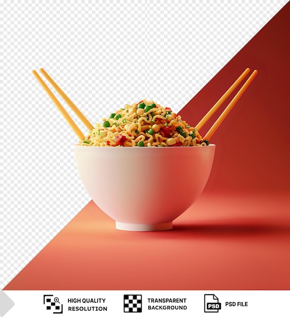 Psd lo mein servido en un cuenco blanco con palillos en una mesa roja proyectando una sombra oscura png