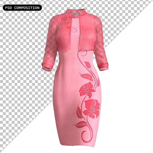 PSD Longue robe femme uniforme mode tissu isolé 3D Render illustration