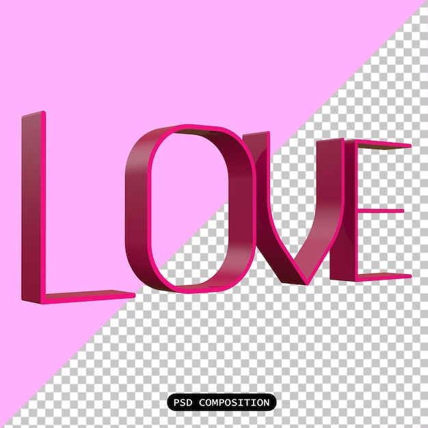 Psd love 3d icono de tipografía aislado ilustración de renderización en 3d