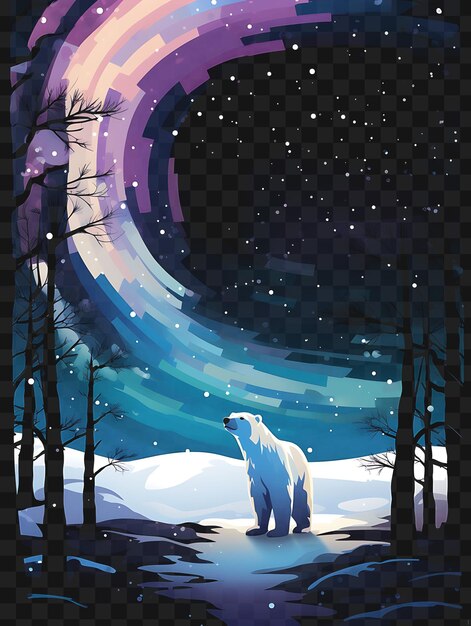 Psd de las luces del norte sobre un paisaje nevado con un oso polar eth plantilla clipart diseño de tatuaje