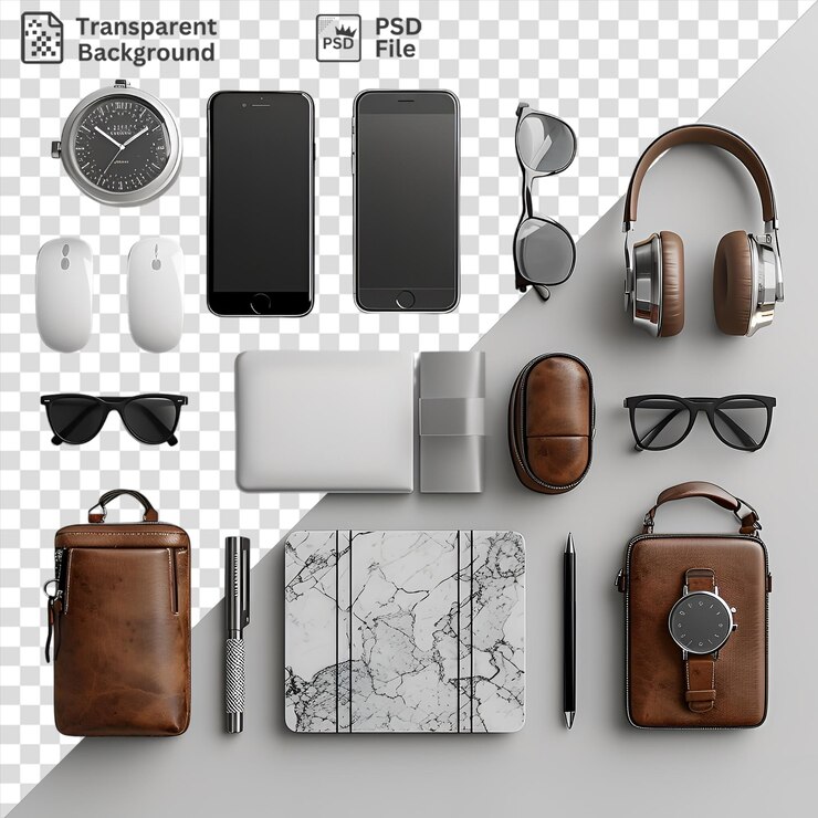 PSD psd luxury travel accessories set featuring a white mouse black glasses and brown headphones on a transparent background
