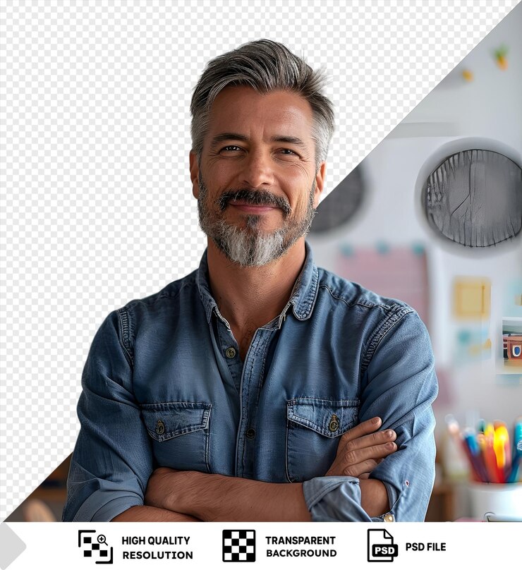 PSD psd maestro feliz con barba gris y cabello corto marrón posa para una foto frente a una pared blanca con una camisa azul y sosteniendo una mano a su cara un reloj negro cuelga