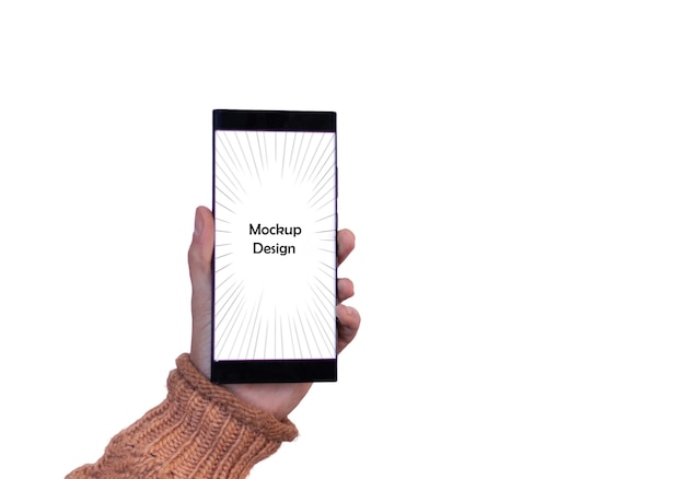 PSD Main tenant un téléphone portable avec écran modifiable et fond transparent