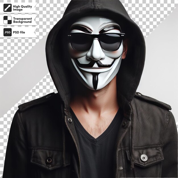 PSD psd man with anonymous mask on transparent background with editable mask layer