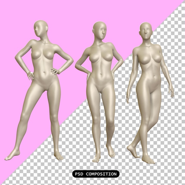 Psd maniquí mujer maniquí para tela moda aislada 3d ilustración de renderización