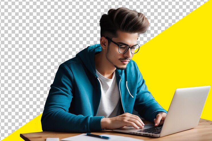 PSD psd-mann mit brille arbeitet auf einem laptop mit gelbem hintergrund mit durchsichtigem hintergrund