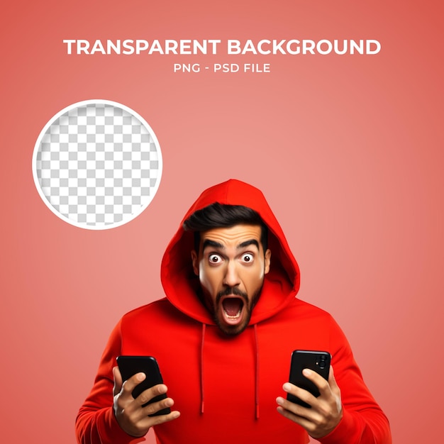 PSD-Mann mit Handy in der Hand überrascht von Black Friday-Aktionen PNG Transparent
