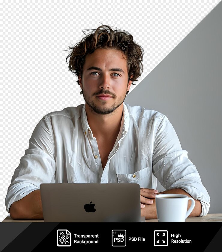 PSD psd mann mit kaffee in der nähe des laptops, der auf die kamera schaut png