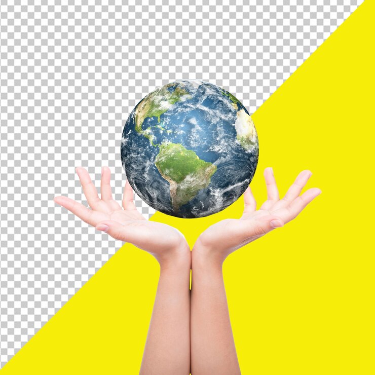 PSD Manos con el planeta Tierra por encima con fondo transparente
