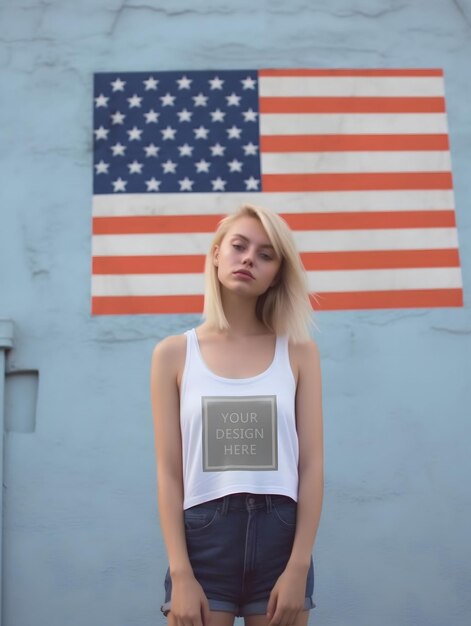 Psd maqueta de camiseta femenina hermosa mujer chica modelo comercial posando la bandera de los estados unidos de américa