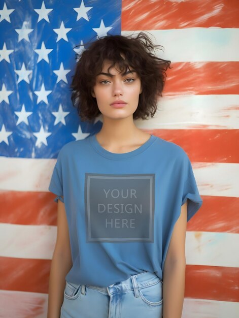 PSD psd maqueta de camiseta femenina hermosa mujer chica modelo comercial posando la bandera de los estados unidos de américa