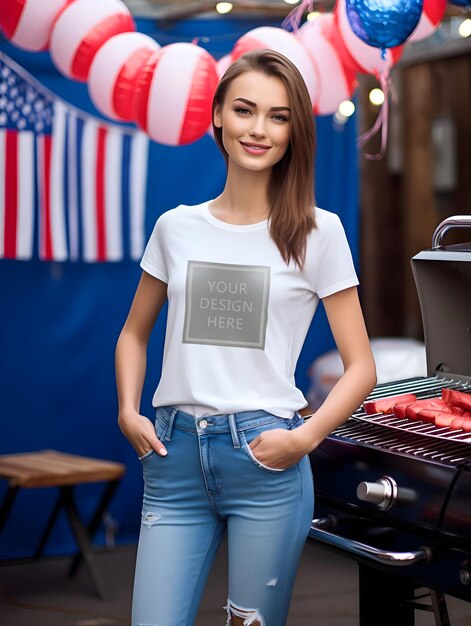 Psd maqueta de camiseta femenina hermosa mujer chica modelo comercial posando la bandera de los estados unidos de américa