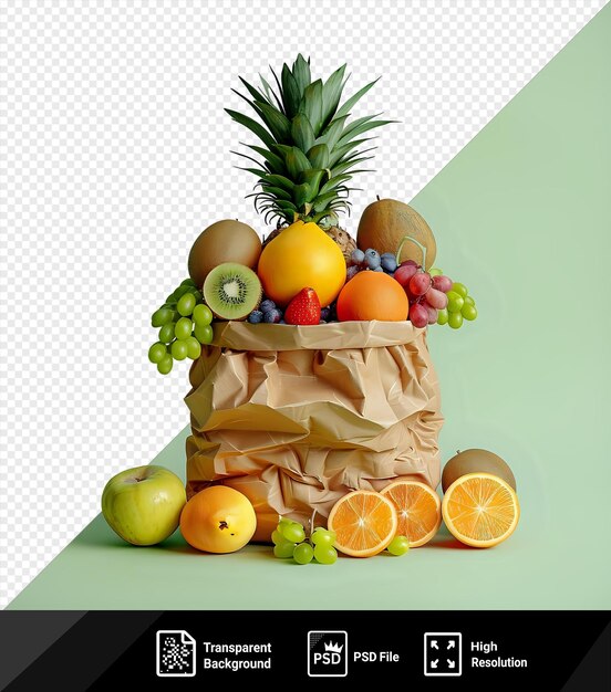 Psd maqueta de fruta fresca que sale de una bolsa de papel reciclable que incluye uvas verdes naranjas una gran piña y una fresa roja contra una pared verde png