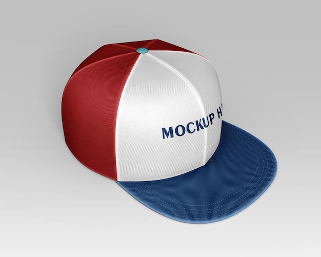 Un psd de maqueta de sombrero rojo, blanco y azul con la palabra maqueta en él