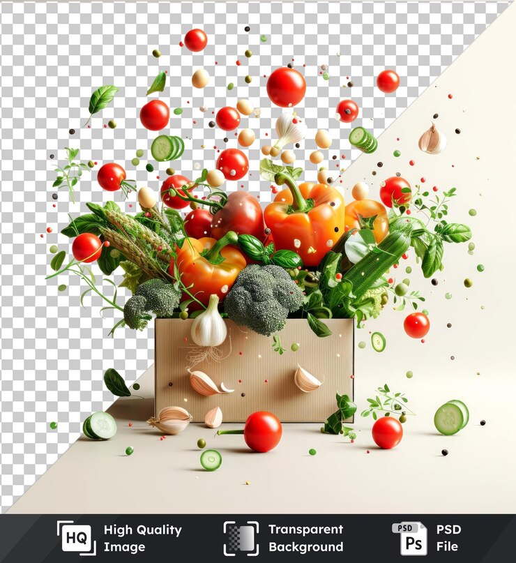 PSD psd con una maqueta transparente de una caja de verduras frescas cayendo del techo