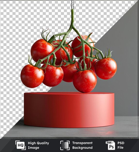 PSD psd con una maqueta transparente de un ramo de tomates colgando por encima de un podio rojo