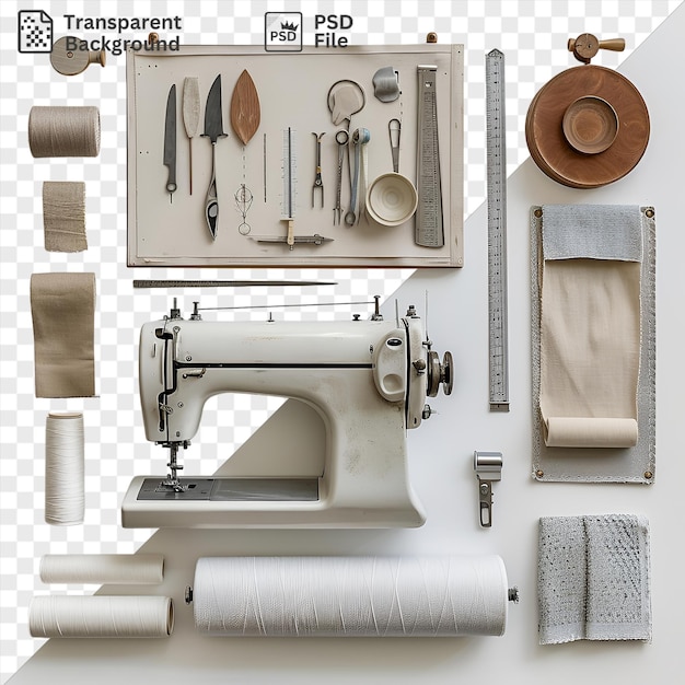 PSD psd máquina de costura vintage e conjunto de tecidos exibido em um fundo transparente acompanhado por um chapéu castanho, tesouras de prata e metal e uma toalha dobrada