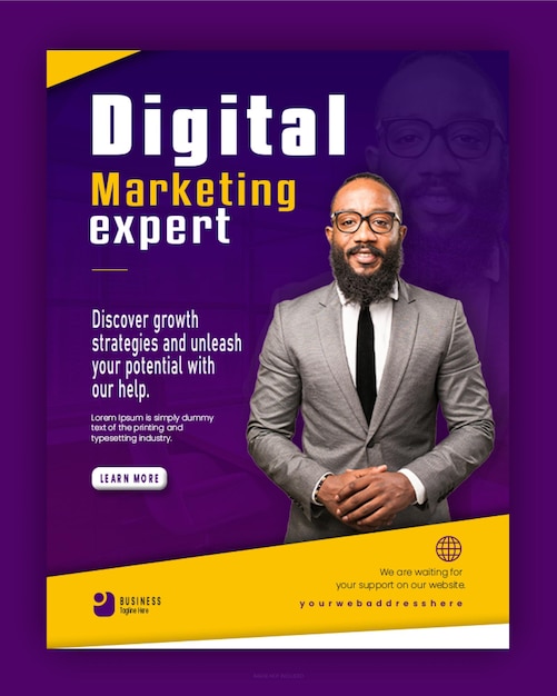 PSD marketing digitale viola per soluzioni aziendali poster pubblicitario volantino a4 o modello banner
