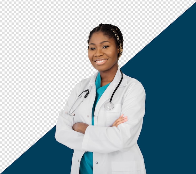 PSD une médecin avec un stéthoscope sur le cou avec un fond transparent
