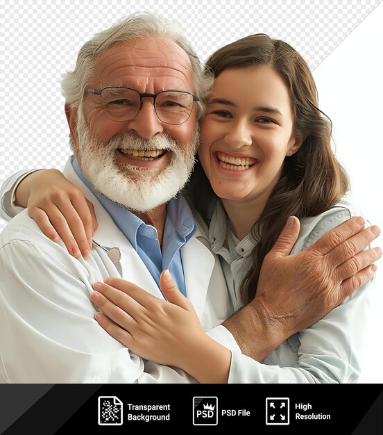 PSD psd médico e um paciente um homem sorridente com uma barba cinza e branca e óculos transparentes segura a mão de um paciente enquanto a mão do paciente repousa no ombro do médico o png