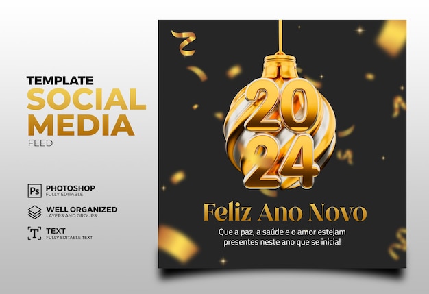 PSD psd medios sociales año nuevo 2024 plantilla de renderización en 3d para el marketing