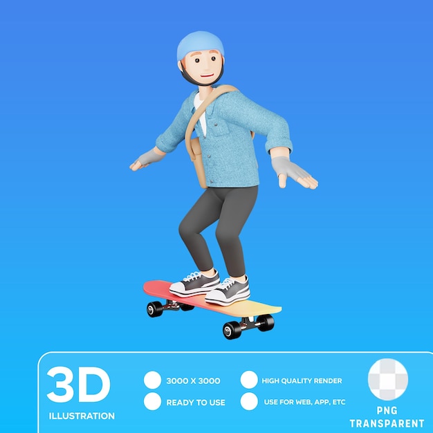 Psd menino de entrega montando skate 3d ilustração de personagem