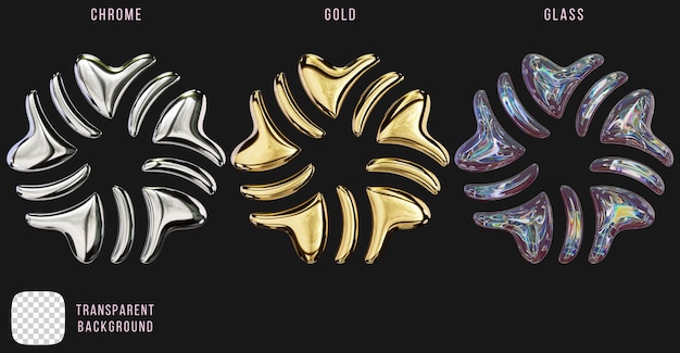 Psd metallo cromo e oro e forma di vetro y2k rendering 3d