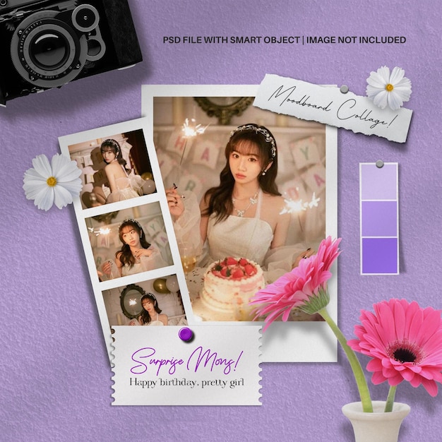 PSD mídia social foto de aniversário colagem moodboard mockup 00