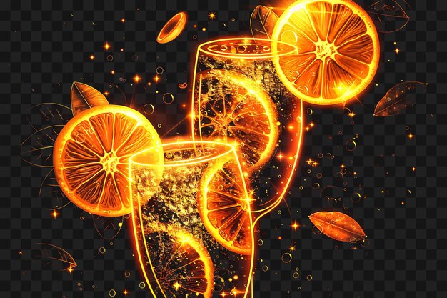 PSD psd de mimose au lever du soleil orange brillant avec des tranches d'orange en cascade un design de contour au néon brillant y2k