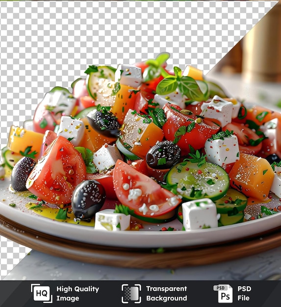 PSD psd mit durchsichtigem griechischen salat mit tomaten, oliven, gurken, tomaten und feta-käse auf einem weißen teller