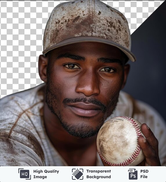 PSD psd mit durchsichtigem, selbstbewussten afrikanisch-amerikanischen baseballspieler, der in die kamera schaut, während er den ball auf grauem hintergrund isoliert hält