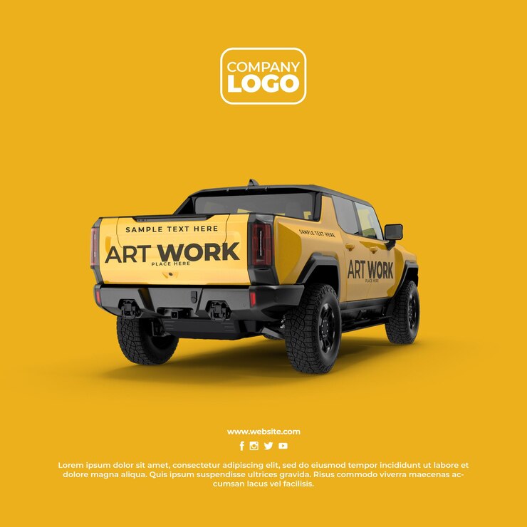 PSD Mockup di camioncino elettrico di colore giallo con sfondo alfa