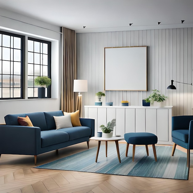 Psd-modell, modernes blaues wohnzimmer-rahmenmodell