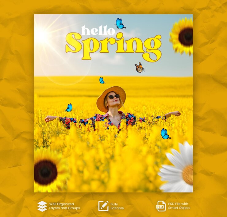 PSD psd modello di primavera felice con testo di primavera modificabile e donna in piedi in un campo di girasoli