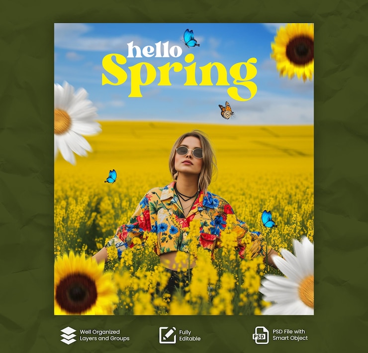 PSD psd modello di progettazione di post di auguri di primavera con testo modificabile per i social media sfondio di primavera