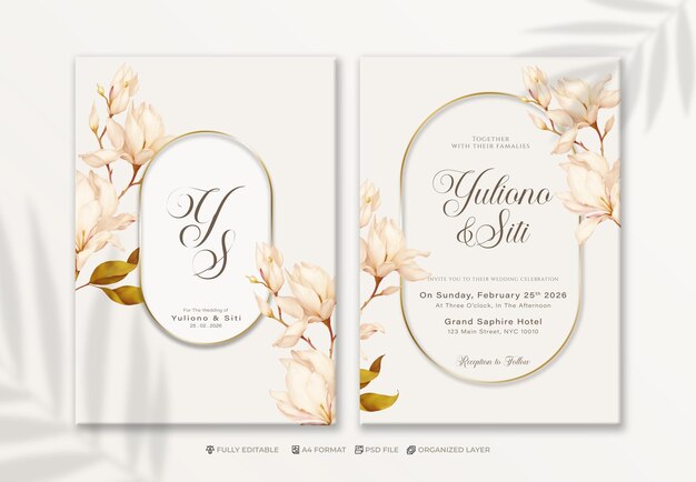 Psd modelo de convite de casamento elegante com flor em aquarela