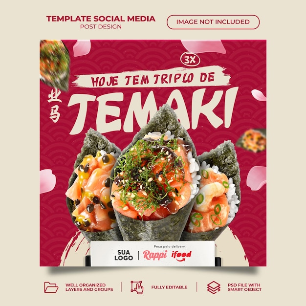 PSD psd modelo de postagem de mídia social de comida japonesa banner instagram português brasileiro