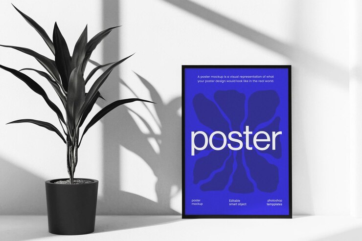 Psd Modern Blue Poster Mockup with Plant and Shadow