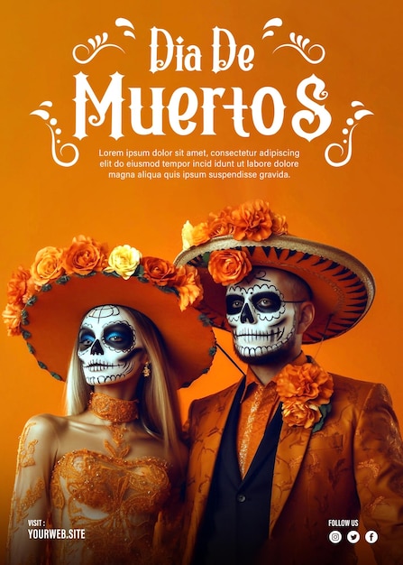 PSD psd modifiable couple de crâne de sucre avec des chapeaux sombrero dia de los muertos jour des morts