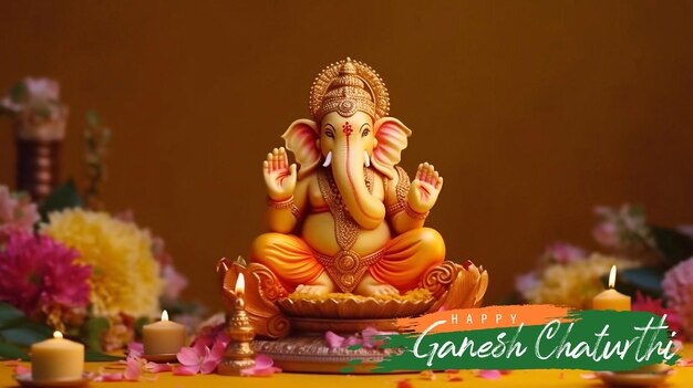 PSD psd modifiable joyeux ganesh chaturthi avec la sculpture dorée du seigneur ganesha