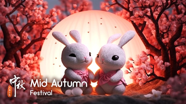 PSD modificabile Happy Mid Autumn Festival con coniglio carino realistico 3D e torta lunare al forno