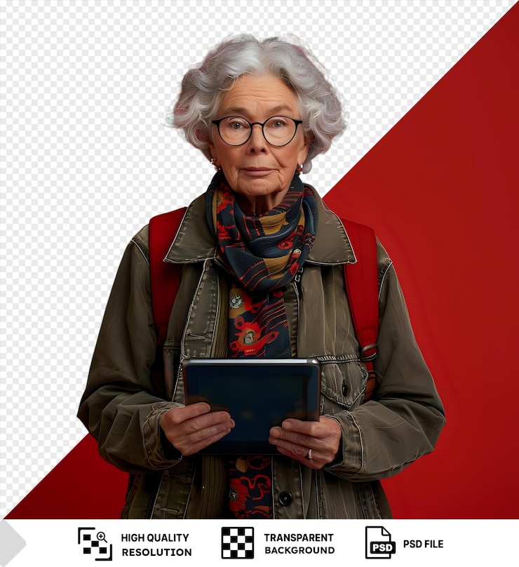 PSD psd mujer anciana de pie mostrando la tableta en la cámara frente a una pared roja con una chaqueta marrón bufanda multicolor y gafas negras con cabello gris y una cara sonriente png