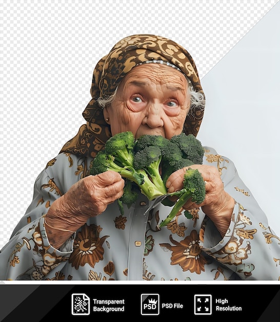 PSD psd una mujer anciana está a punto de comer un plato vegetariano mujer vieja divertida en una dieta de brócoli concepto de alimentación saludable