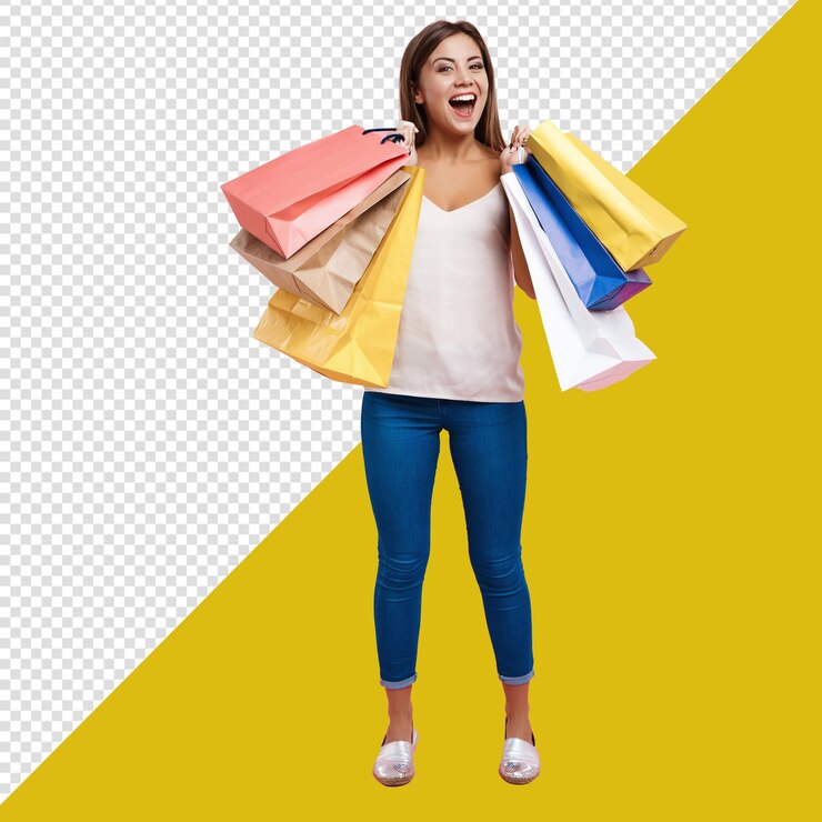 PSD psd una mujer con una bolsa de compras que dice que está feliz de comprar con fondo transparente