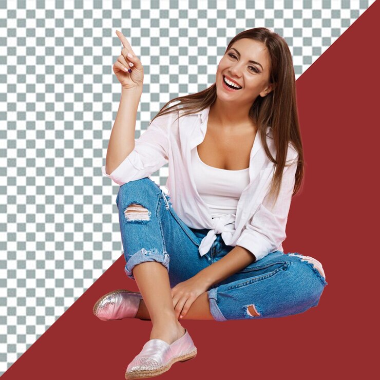 PSD una mujer con una camisa blanca está sentada en el suelo y trasfondo transparente