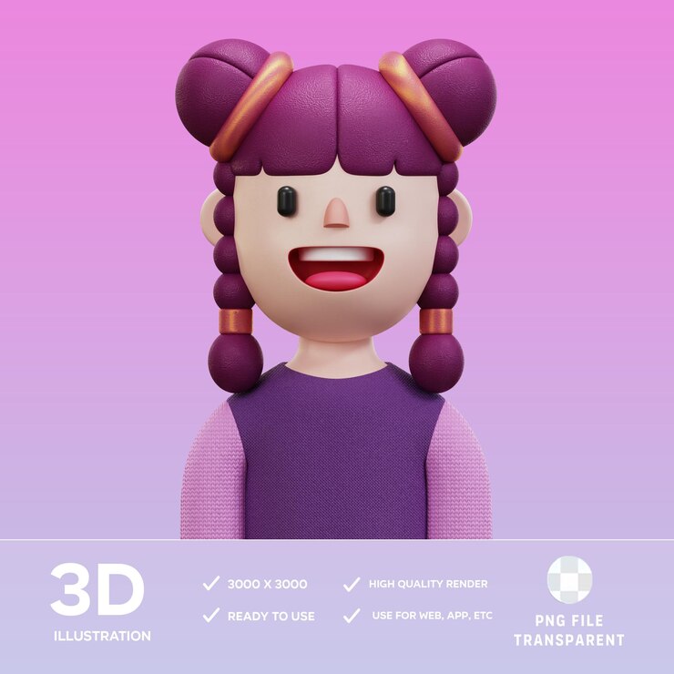 PSD psd mujer con dos colas de cerdo ilustración en 3d
