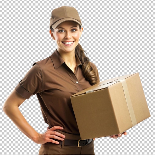 PSD de una mujer de entrega de UPS aislada en un fondo transparente